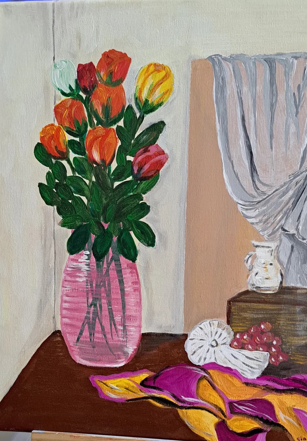 Vibrant Blooms: A Colorful Still Life of Roses in a Pink Vase