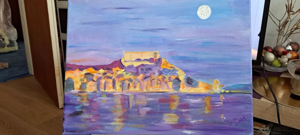 Moonlit Reflections: A Serene Evening Over the Coastal Village