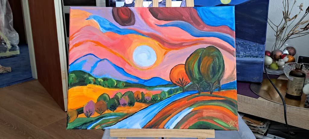 Vibrant Serenity: An Abstract Landscape of Colorful Horizons and Scenic Beauty
