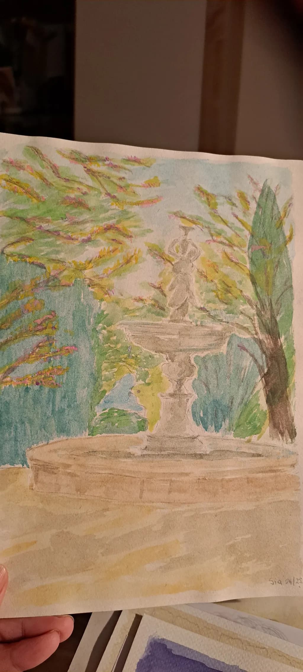 Whispers of Nature: A Serene Fountain in Watercolor Harmony