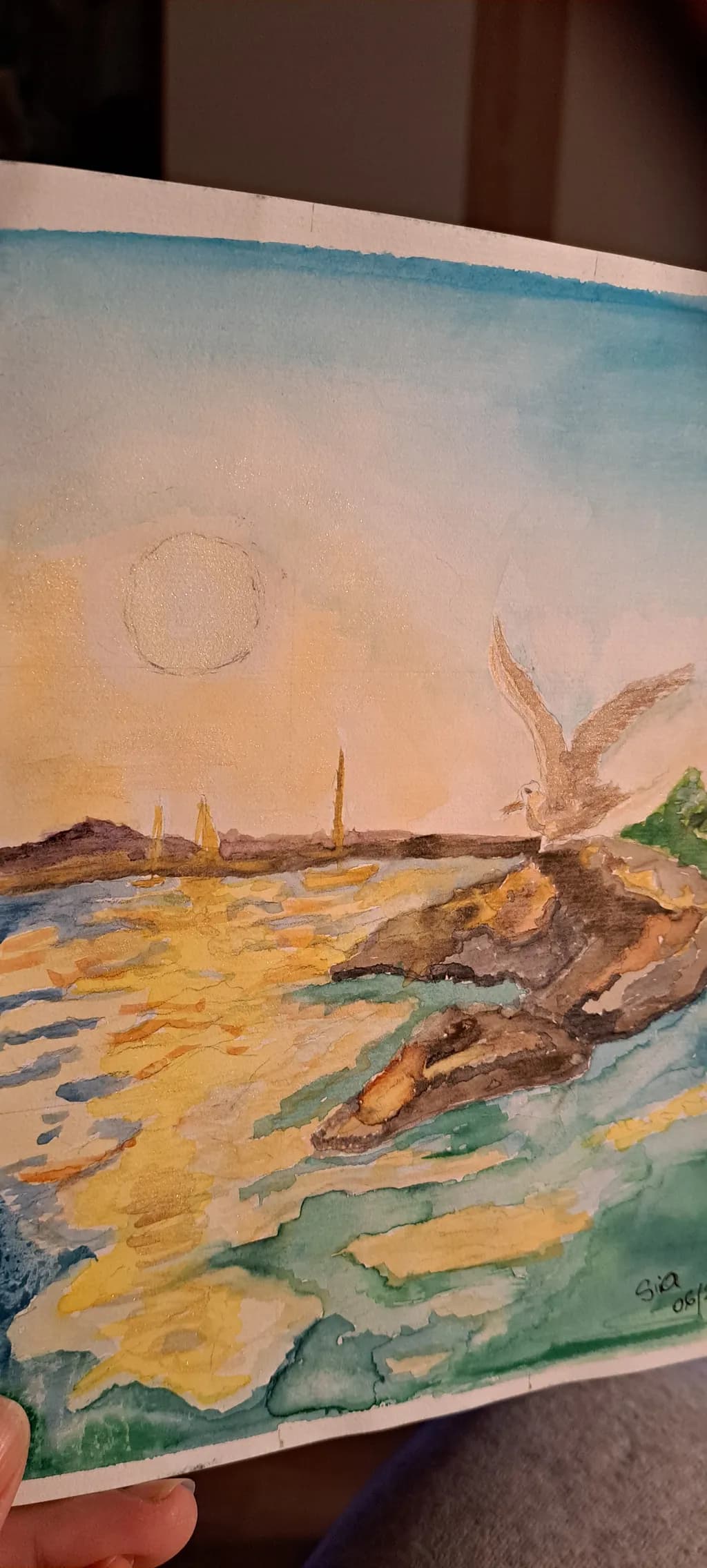 Serenity at Sunset: A Watercolor Seascape with Boats and Birds
