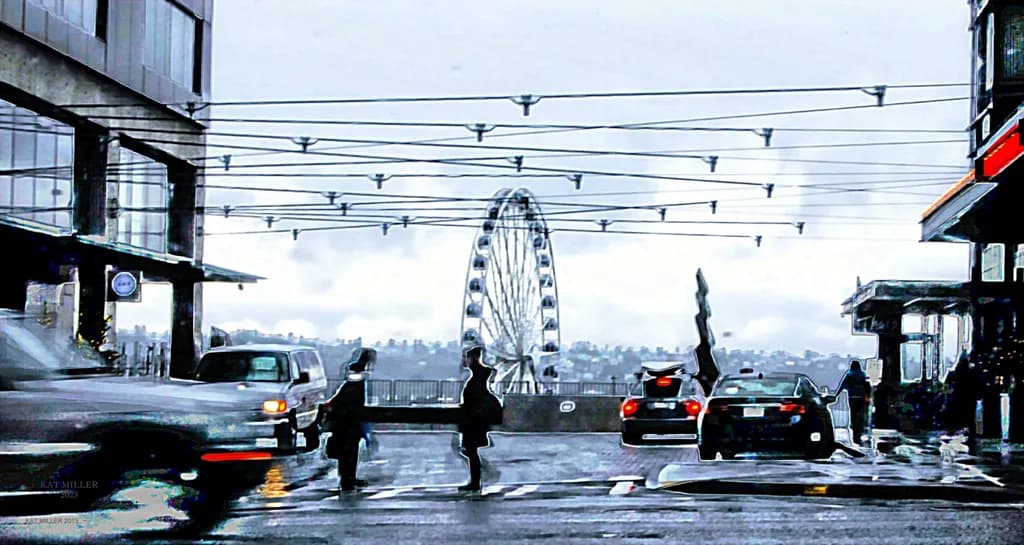 Urban Rain Dance: A Motion-Filled Cityscape with Ferris Wheel and Pedestrians