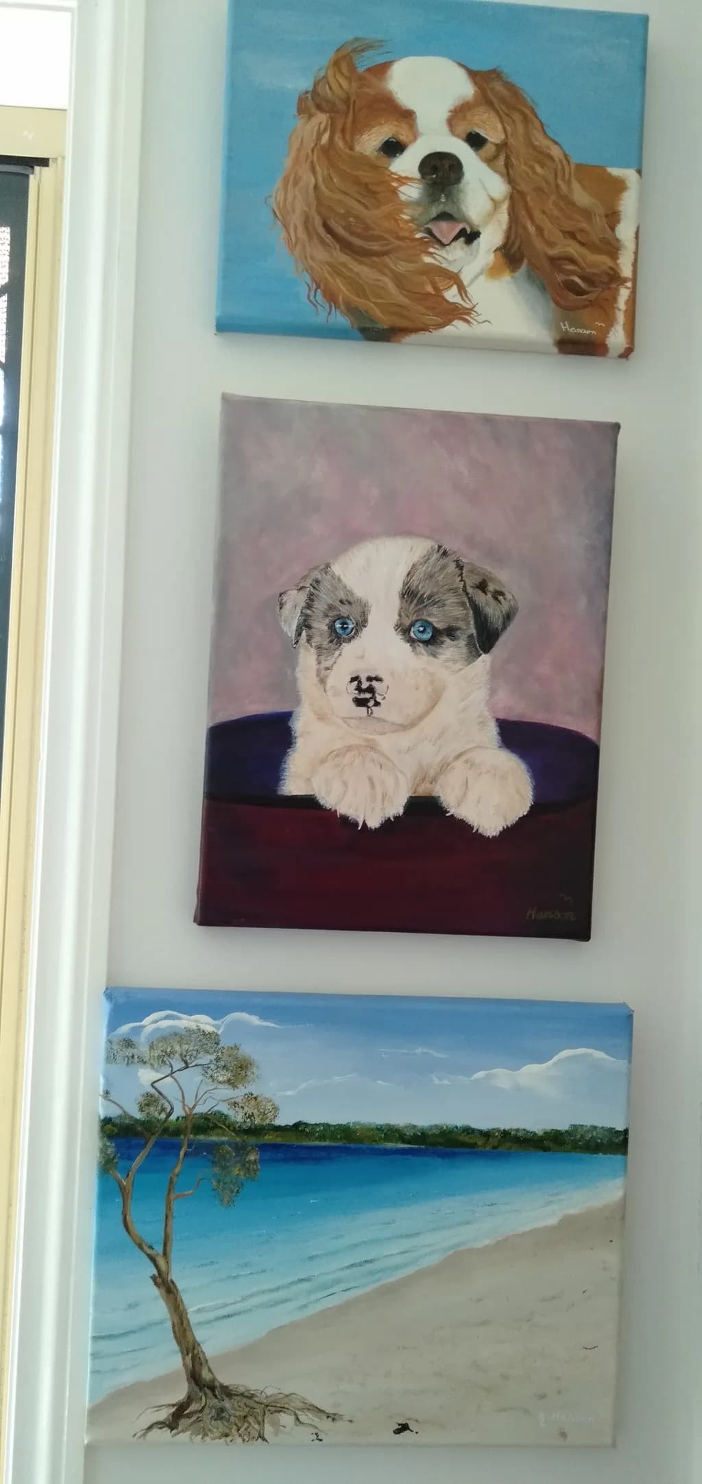 Whimsical Blue-Eyed Puppy: A Heartwarming Portrait in Soft Hues and Gentle Landscapes