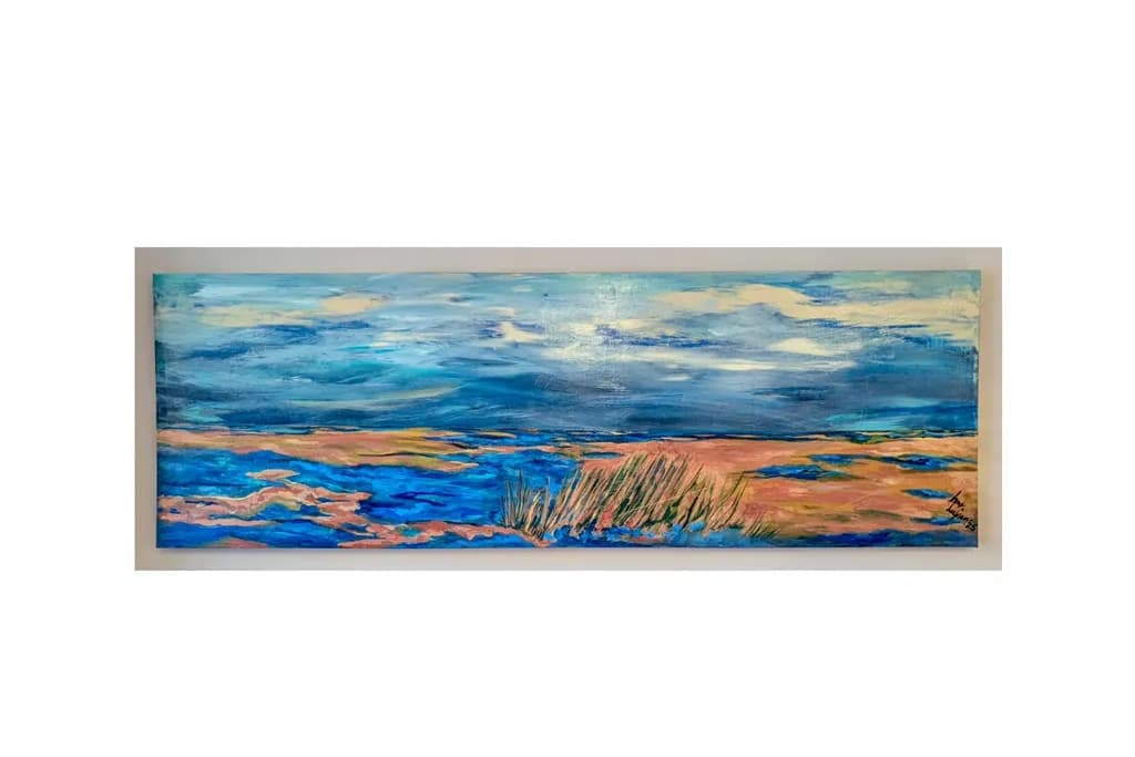 Whispers of the Tide: A Serene Coastal Landscape in Vibrant Blues and Earthy Hues