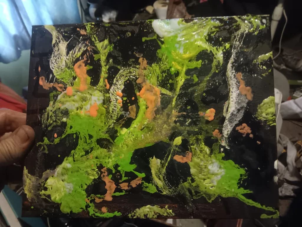 Vibrant Chaos: A Dance of Neon Greens and Earthy Hues on Black Canvas