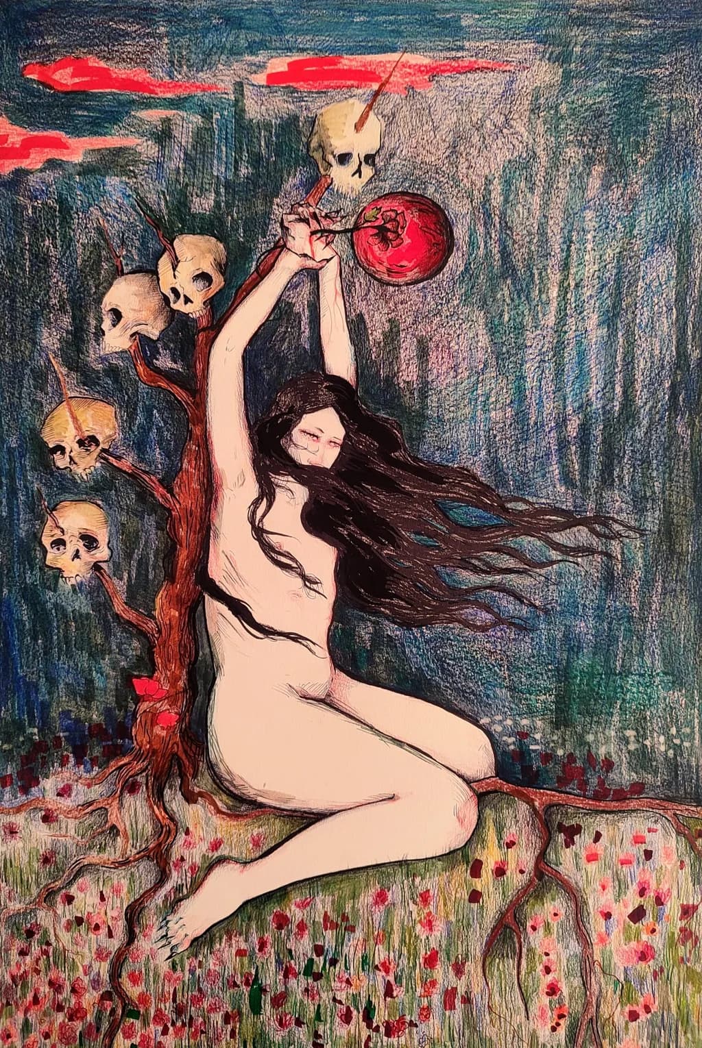 Ethereal Embrace: A Haunting Dance of Life and Death Amidst the Macabre Blossoms