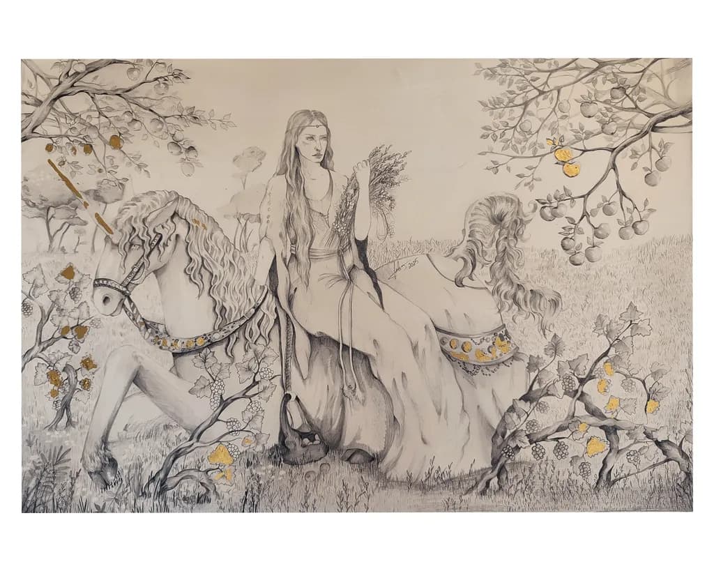 Whispers of Enchantment: A Graceful Unicorn and the Mystical Maidens in a Whimsical Fantasy Landscape