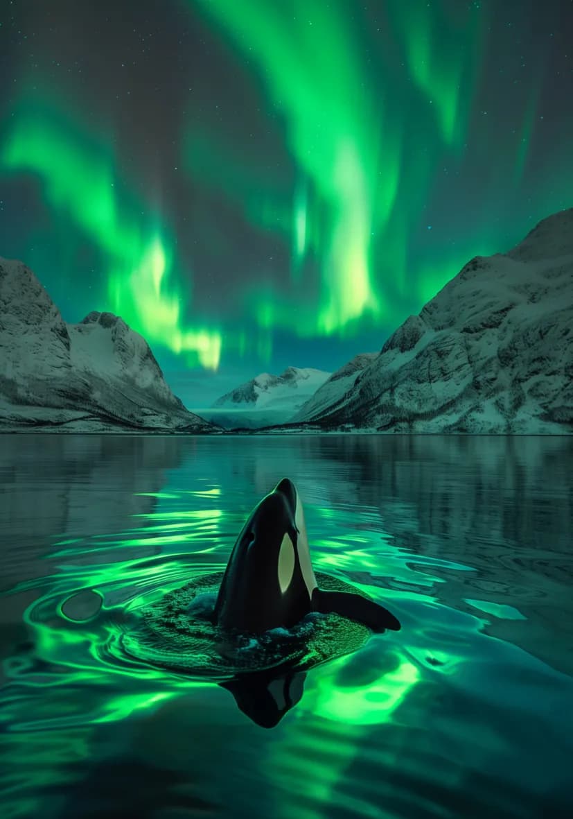 Majestic Orca Beneath the Dancing Aurora: A Serene Reflection of Nature's Beauty