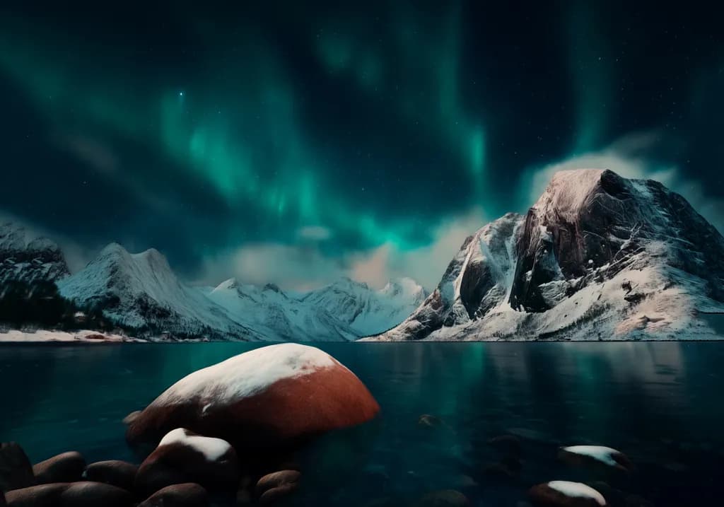 Whispers of the Aurora: A Serene Winter's Night Over Snow-Capped Peaks and Still Waters