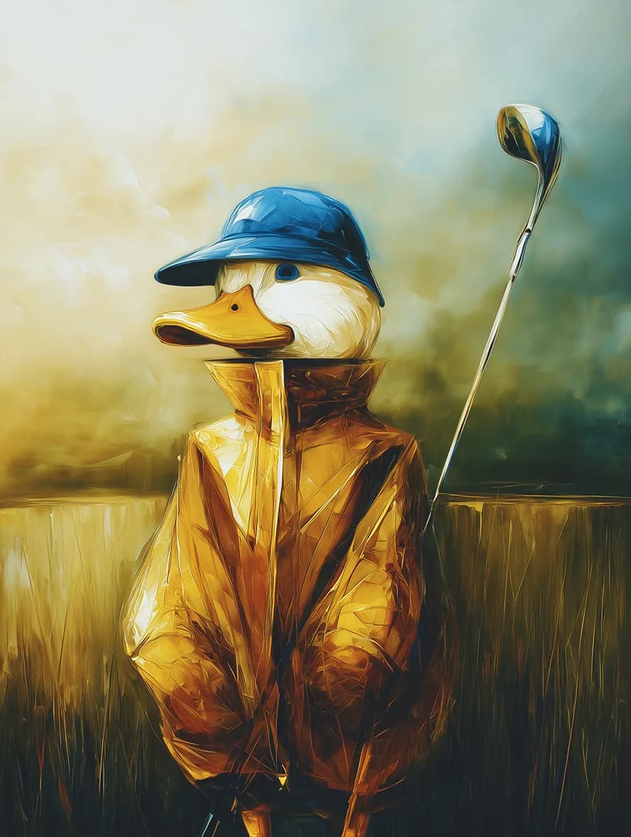 Whimsical Golfer: A Duck in a Yellow Raincoat and Blue Cap