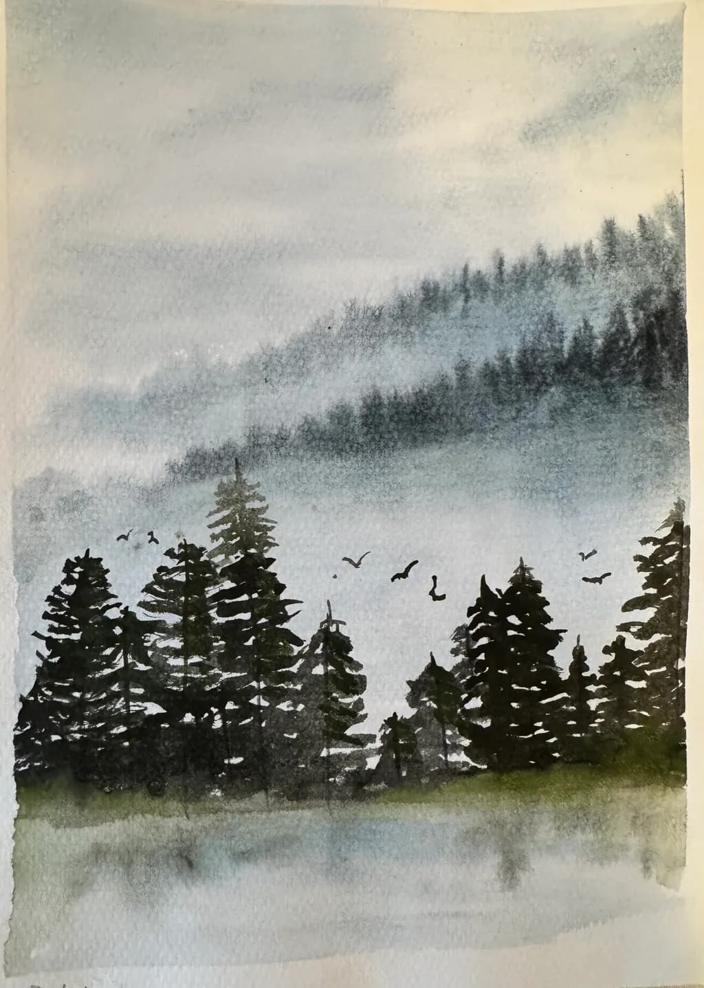 Whispers of the Mist: A Serene Watercolor Landscape with Pine Silhouettes and Soaring Birds