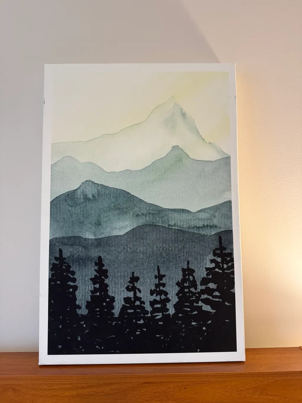 Whispers of the Mountains: A Serene Watercolor Landscape with Silhouetted Pines