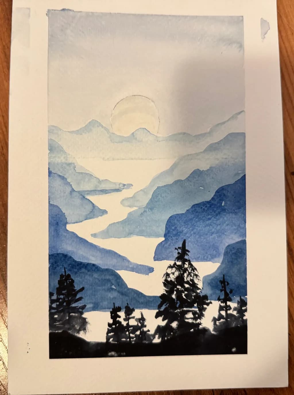Whispers of the Blue Horizon: A Serene Watercolor Landscape of Mountains and Rivers