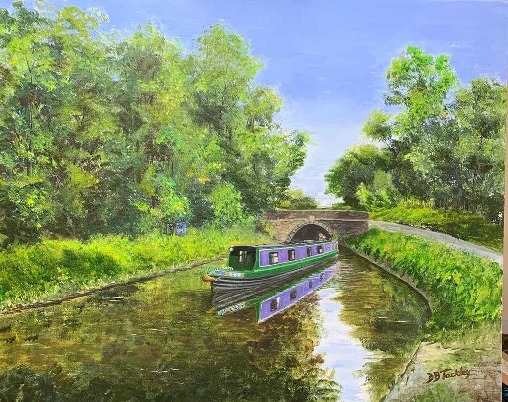Serenity on the Water: A Tranquil Canal Scene with Reflections and Lush Greenery