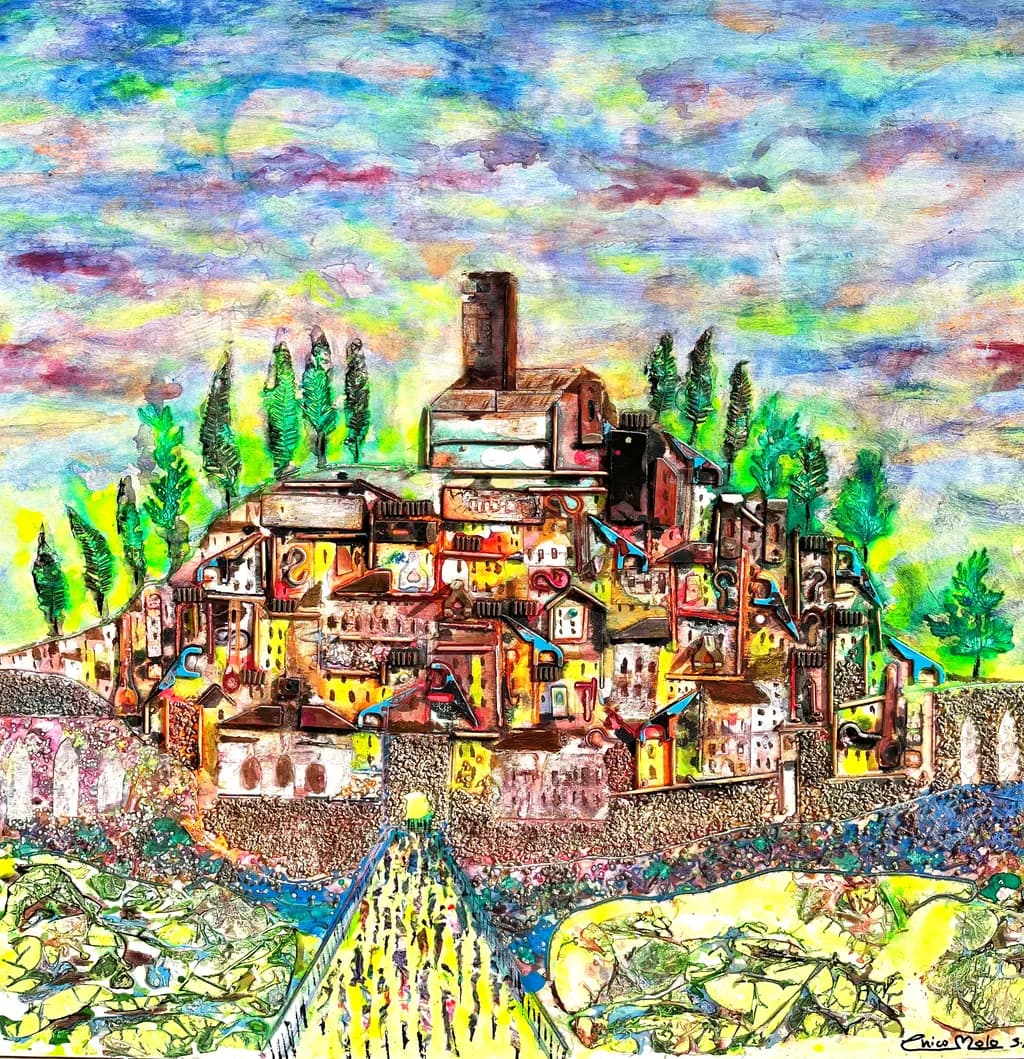 Vibrant Hillside Village: A Colorful Journey Through Artistry and Imagination