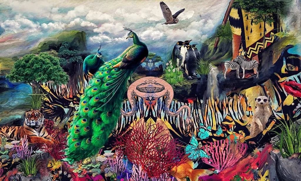Whimsical Symphony of Nature: A Vibrant Tapestry of Diverse Wildlife and Colorful Landscapes