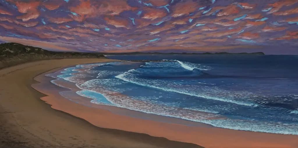 Serenity at Dusk: A Coastal Dreamscape with Vibrant Waves and Sky