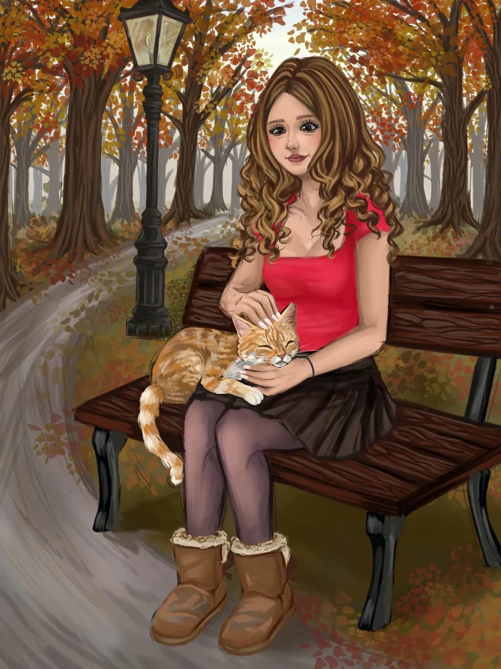 Autumn Serenity: A Girl, Her Cat, and the Golden Leaves of Fall