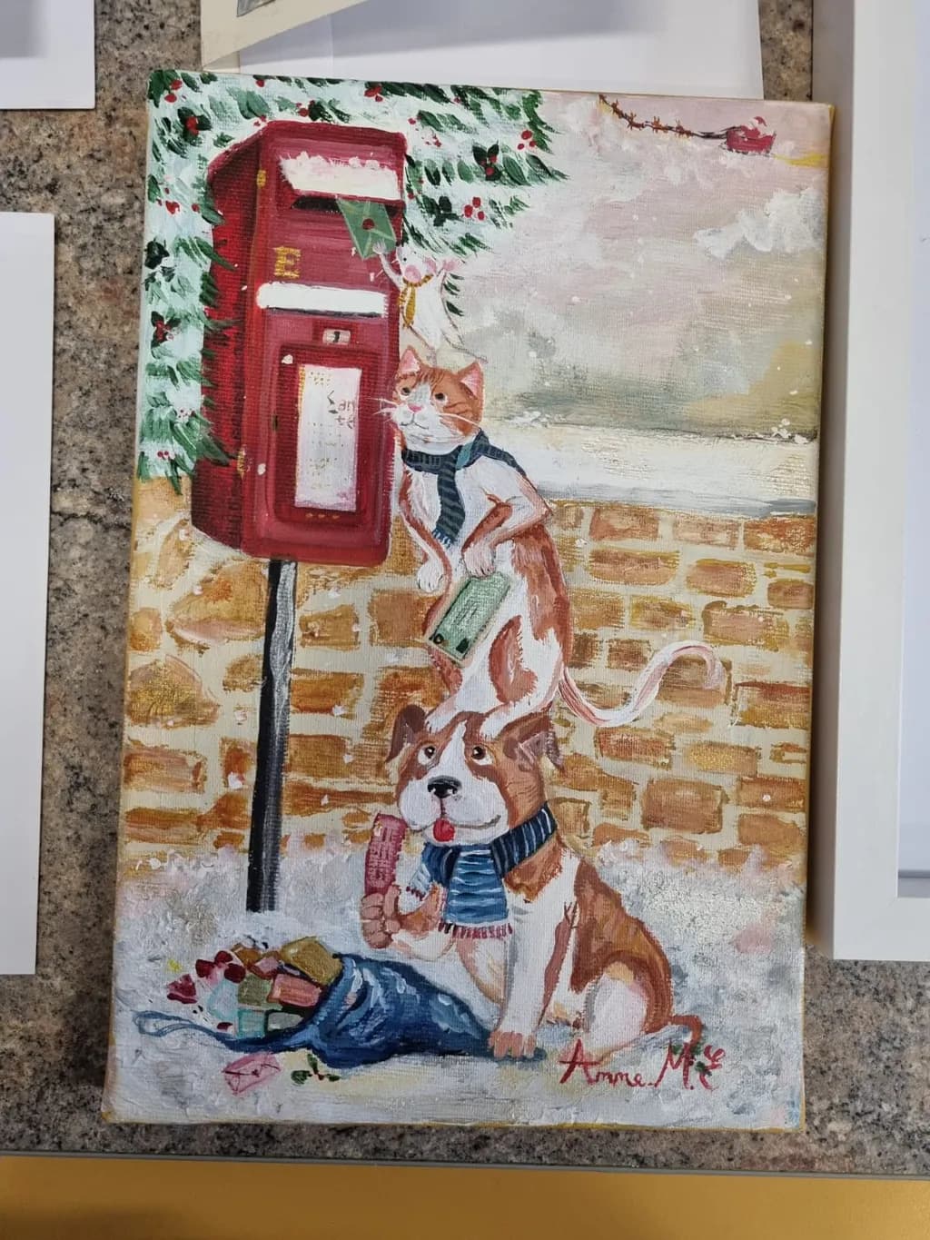Whimsical Winter Wishes: A Playful Cat and Dog at the Mailbox