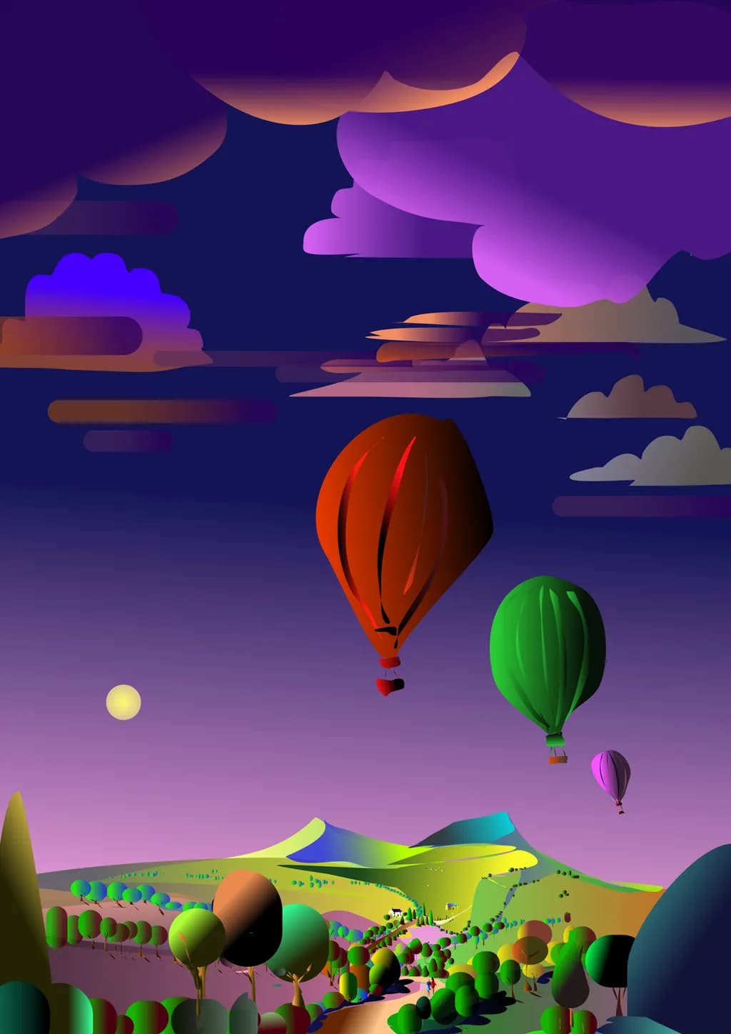 Colorful Balloons Dancing in the Evening Sky: A Whimsical Landscape Adventure