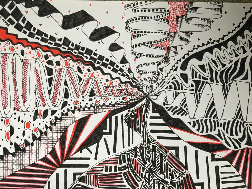 Whirlwind of Patterns: A Journey Through Black and Red Abstraction