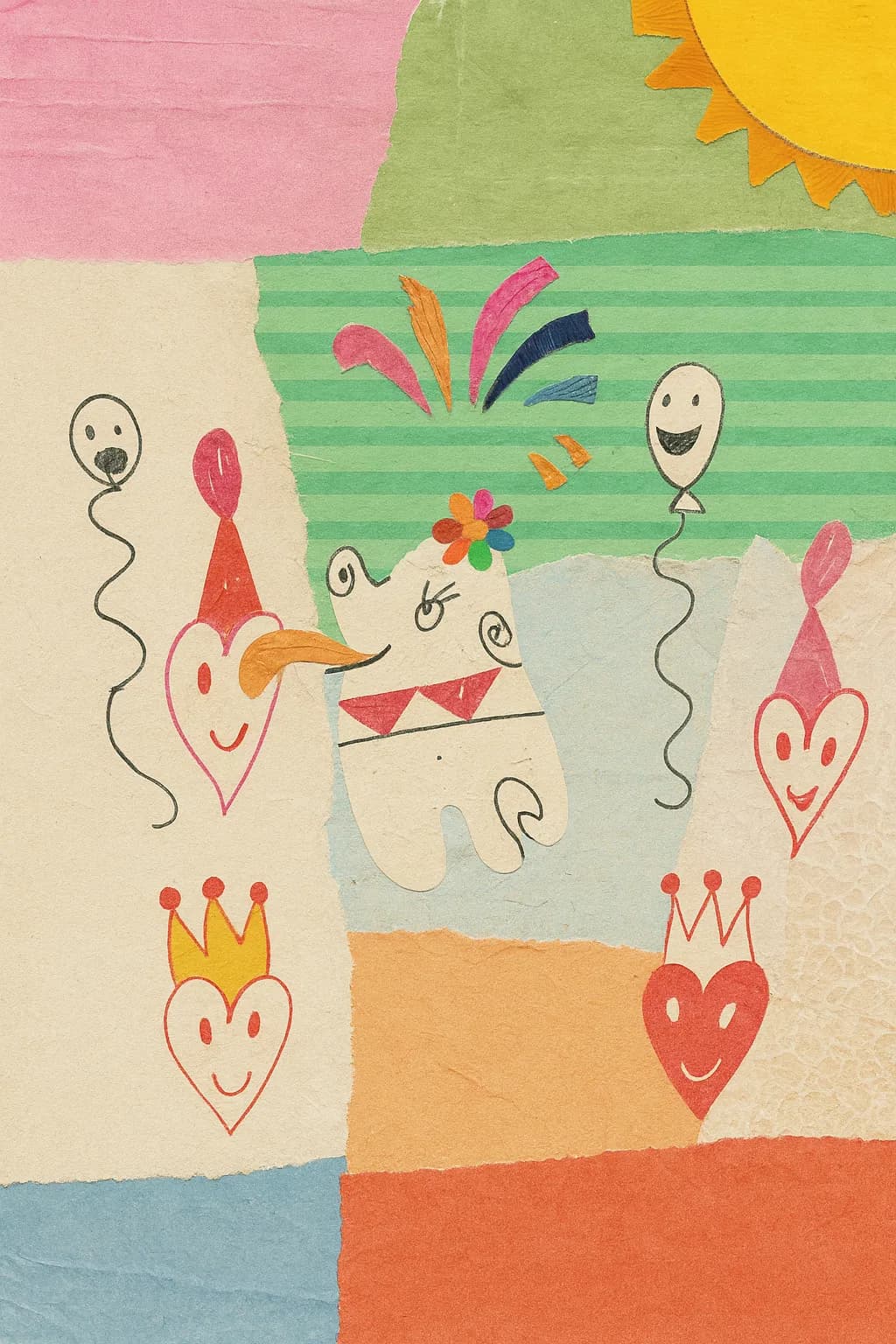 Whimsical Celebration: A Colorful Dance of Joyful Characters and Cheerful Hearts
