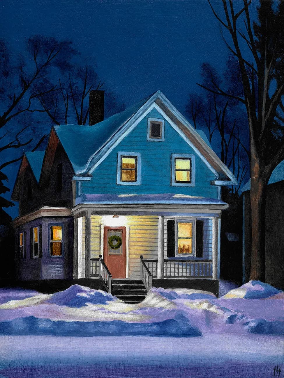 Winter's Embrace: A Cozy Blue Haven Under the Night Sky