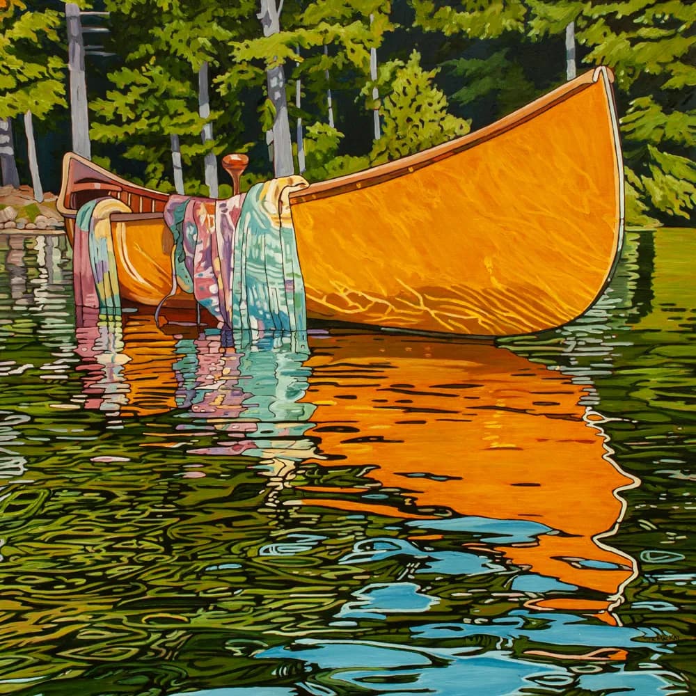 Golden Reflections: A Serene Canoe on Tranquil Waters
