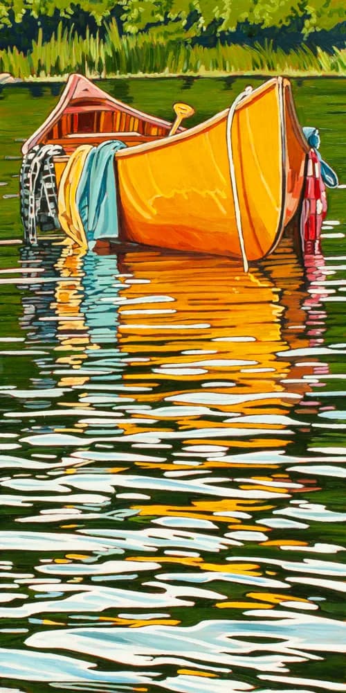 Serene Reflections: A Colorful Boat on Tranquil Waters