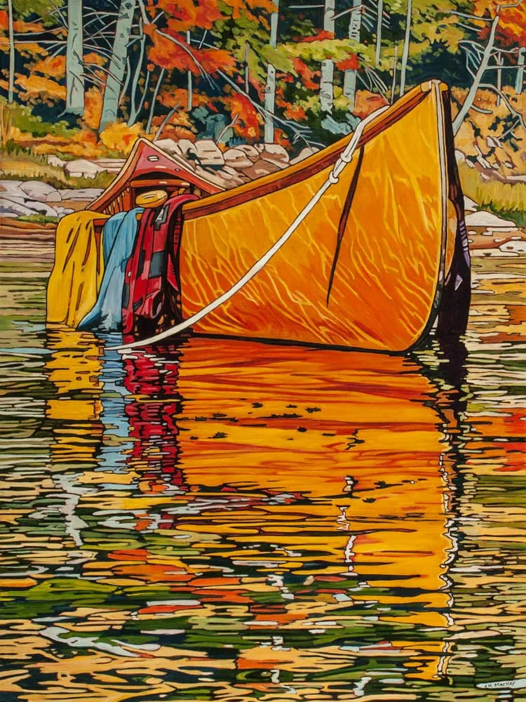Golden Reflections: A Serene Autumn Canoe in Vibrant Waters