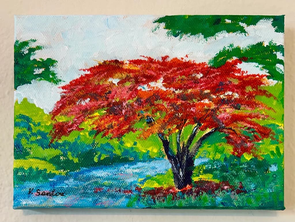 Vibrant Autumn Embrace: A Lush Landscape of Red and Green Serenity