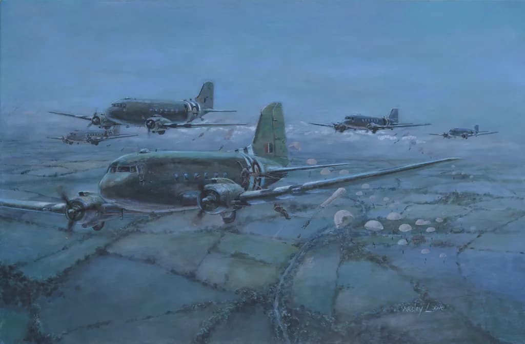Skyward Legacy: A Vintage Tribute to Military Aircraft and Parachute Drops