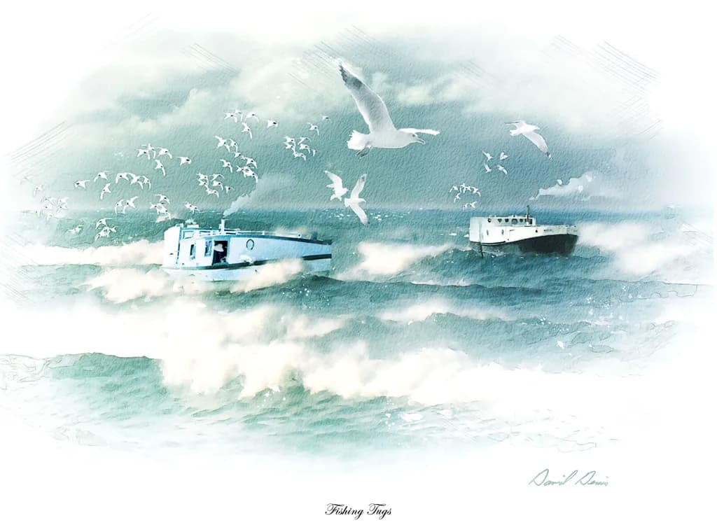 Serenity at Sea: A Dance of Fishing Tugs and Seagulls