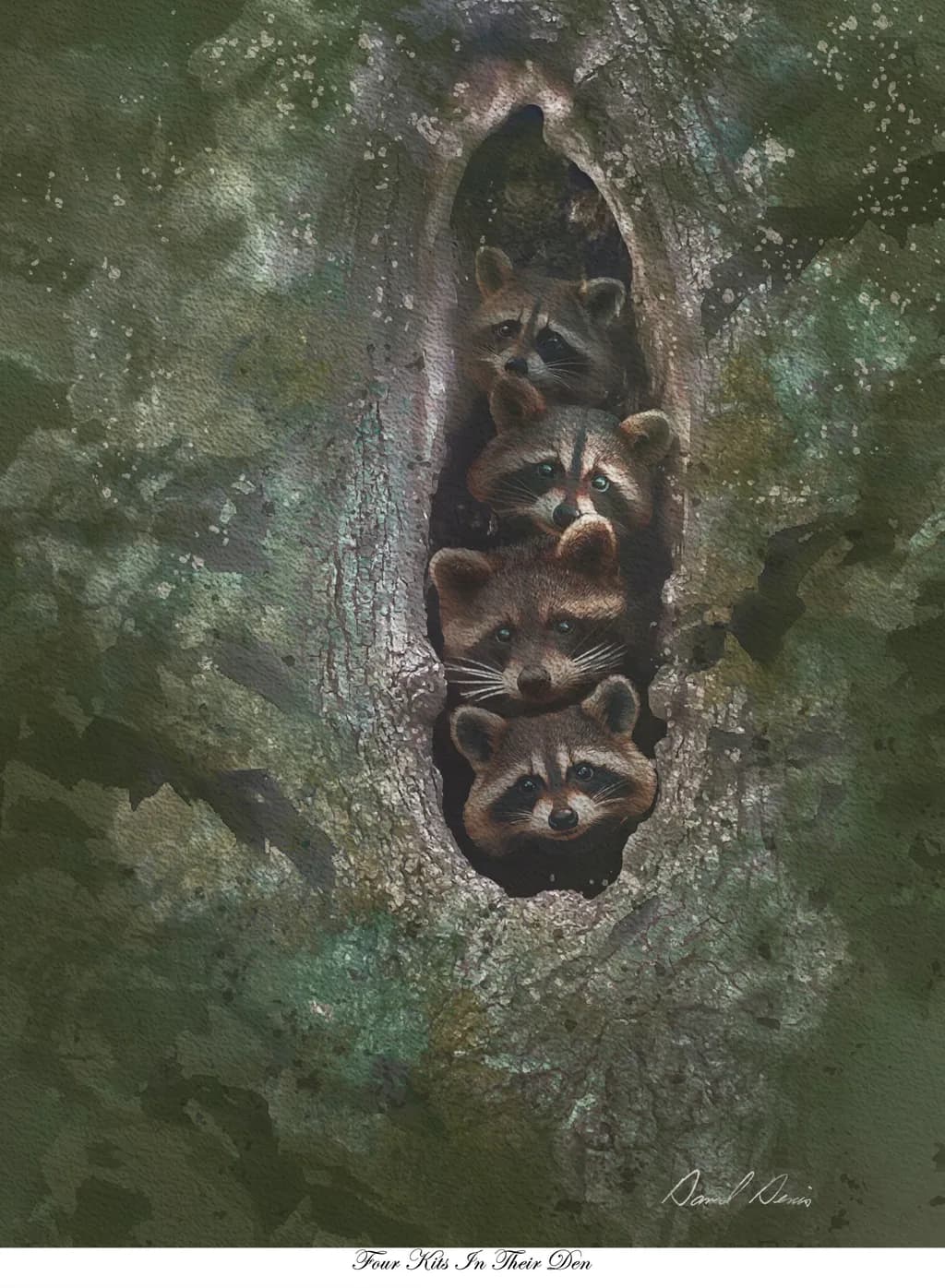 Whimsical Watchers: Four Raccoon Kits Peeking from Their Cozy Den