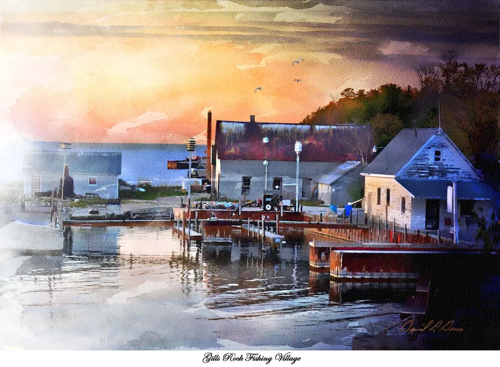 Whispers of Dawn: A Serene Watercolor of Gills Rock Fishing Village