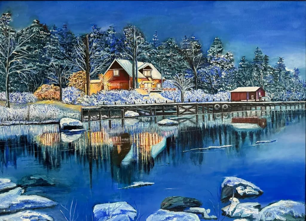 Winter's Tranquil Reflection: A Serene Landscape of Cozy Retreats by the Water