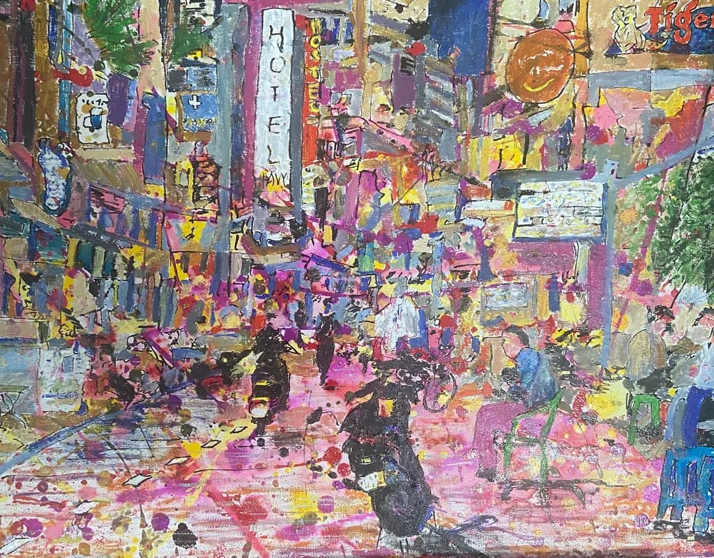 Vibrant Urban Chaos: A Colorful Street Scene of Life and Motion
