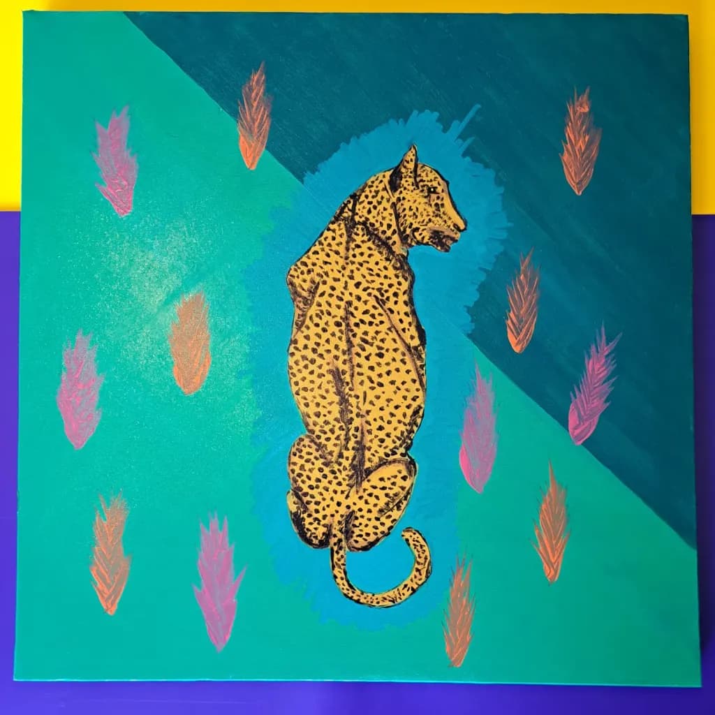 Vibrant Serenity: The Majestic Leopard Amidst Colorful Feathers