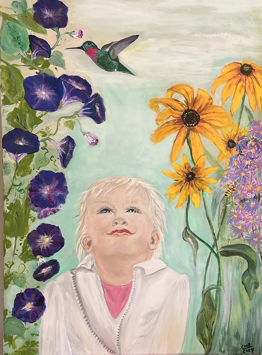 Child with Flowers and Hummingbird