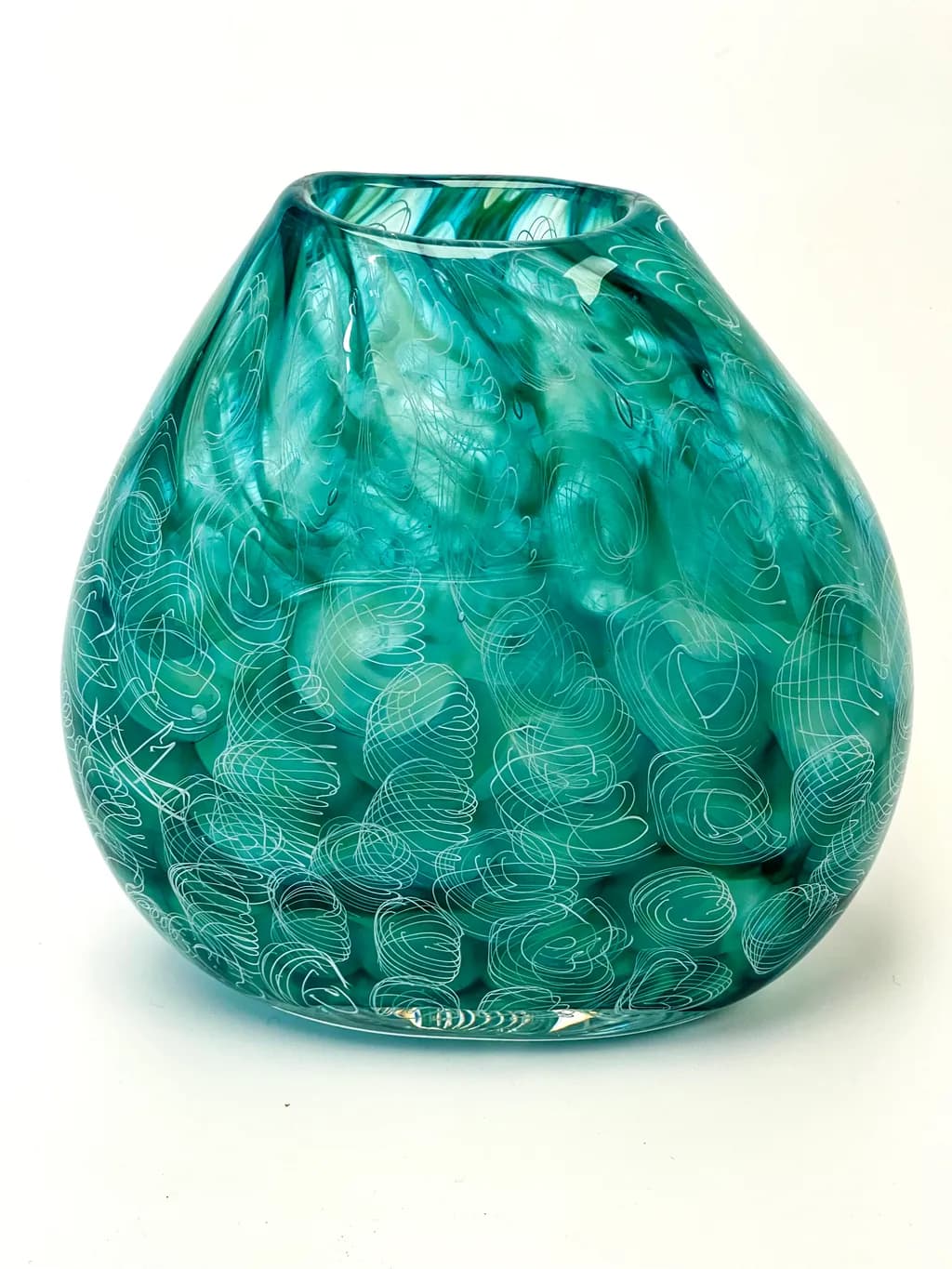 Whispers of the Ocean: A Handcrafted Turquoise Glass Vase with Intricate Swirls