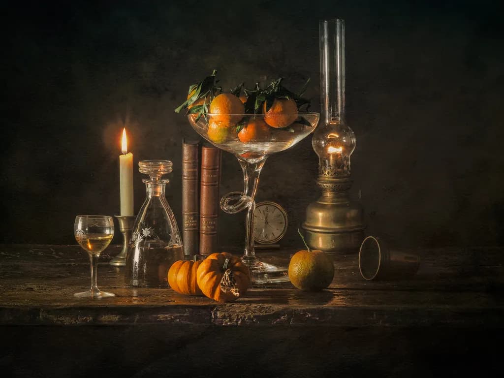 Candlelit Vintage Still Life: A Warm Embrace of Fruit and Glassware