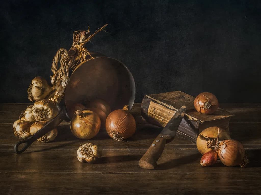 Whispers of the Kitchen: A Still-Life Symphony of Onions and Tradition