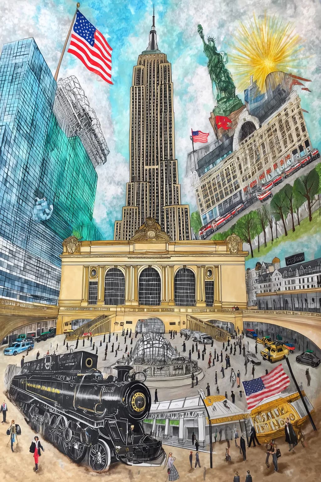 Urban Symphony: A Vibrant Tribute to Iconic Landmarks and Transportation in the Cityscape