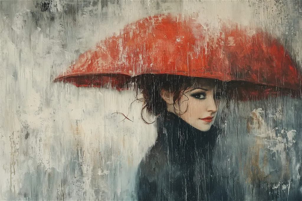 Whispers of Rain: A Portrait Beneath the Scarlet Umbrella