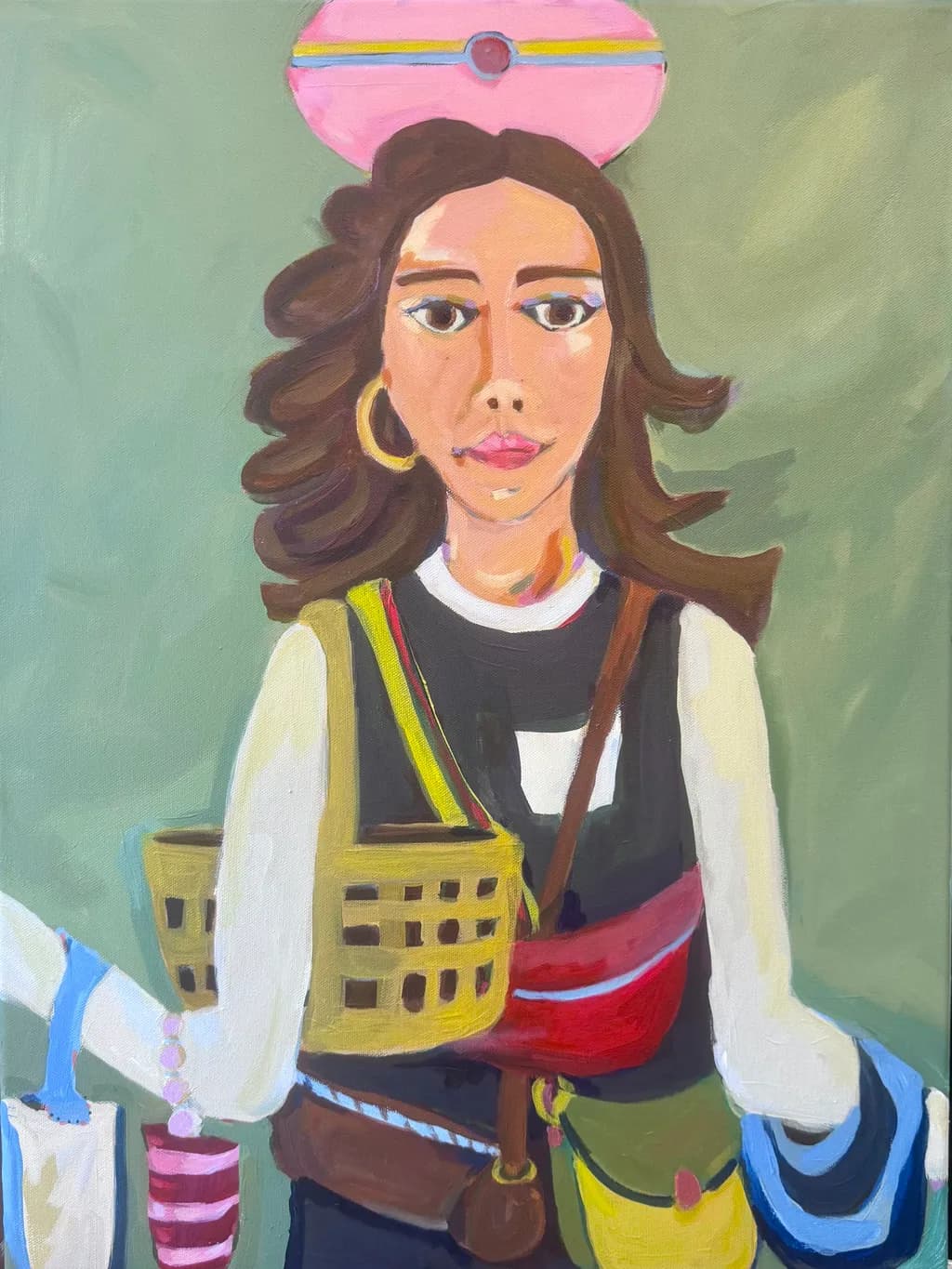 "Embodying Strength: A Modern Muse with Colorful Baskets"