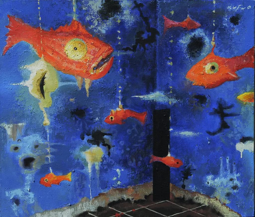 Whimsical Depths: A Dance of Vibrant Fish in a Dreamlike Blue Abyss