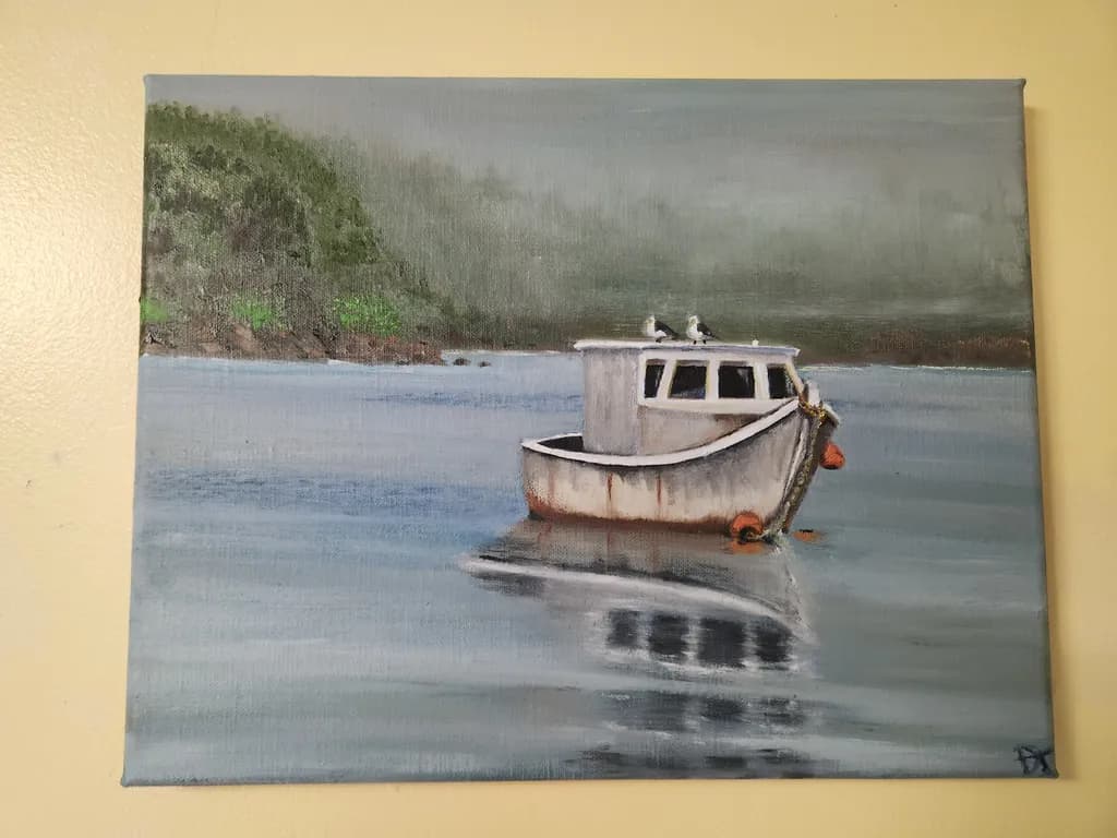Serenity at Dawn: A Tranquil Fishing Boat on Still Waters