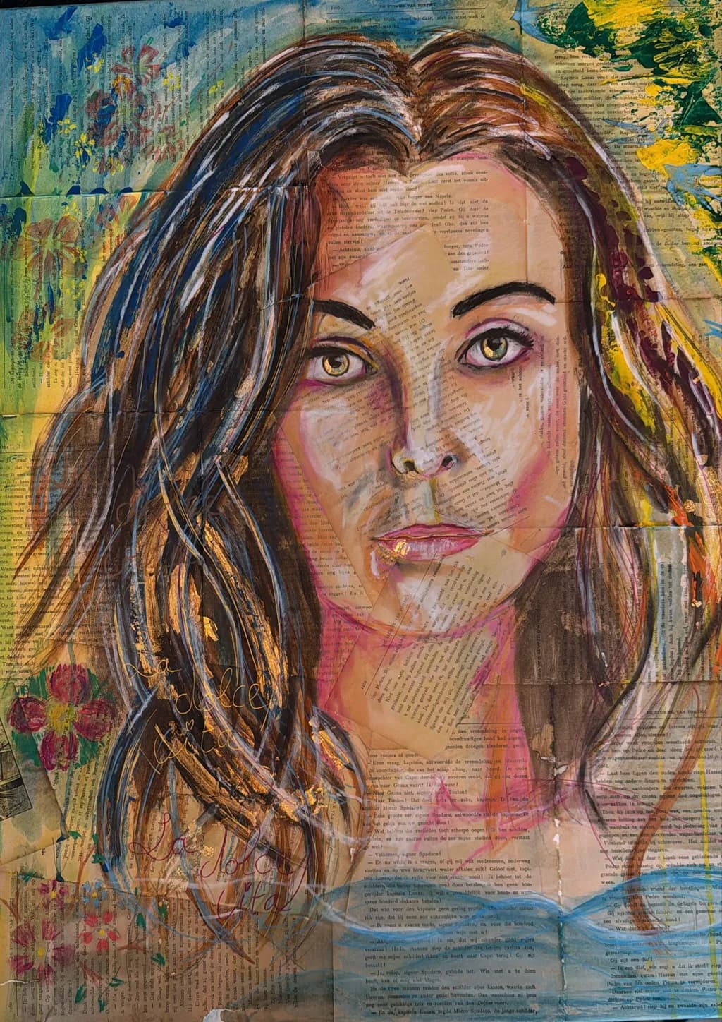 Whispers of Color: A Mixed Media Portrait of Inner Beauty and Nature's Embrace