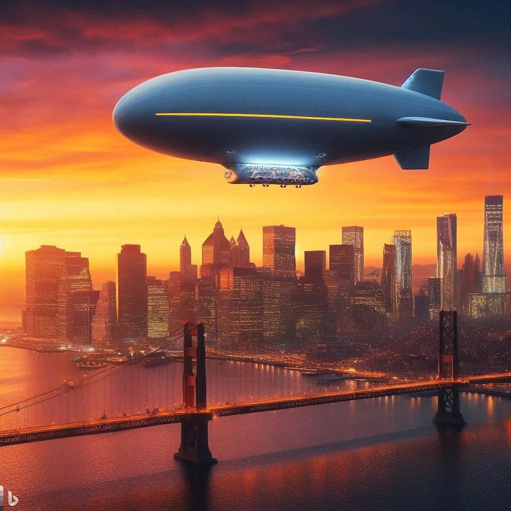 Skyward Dreams: A Zeppelin's Journey Over a Sunset Cityscape