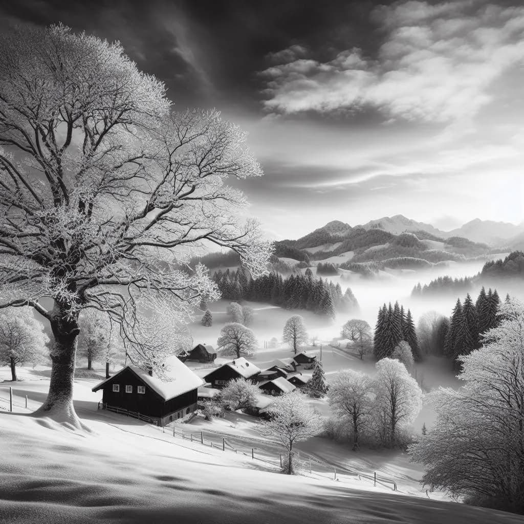 Whispers of Winter: A Serene Monochrome Landscape of Snow-Covered Trees and Tranquil Hills